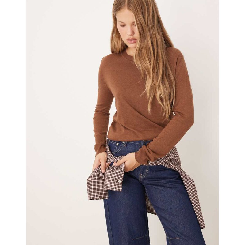 Mango round neck lightweight jumper in brown