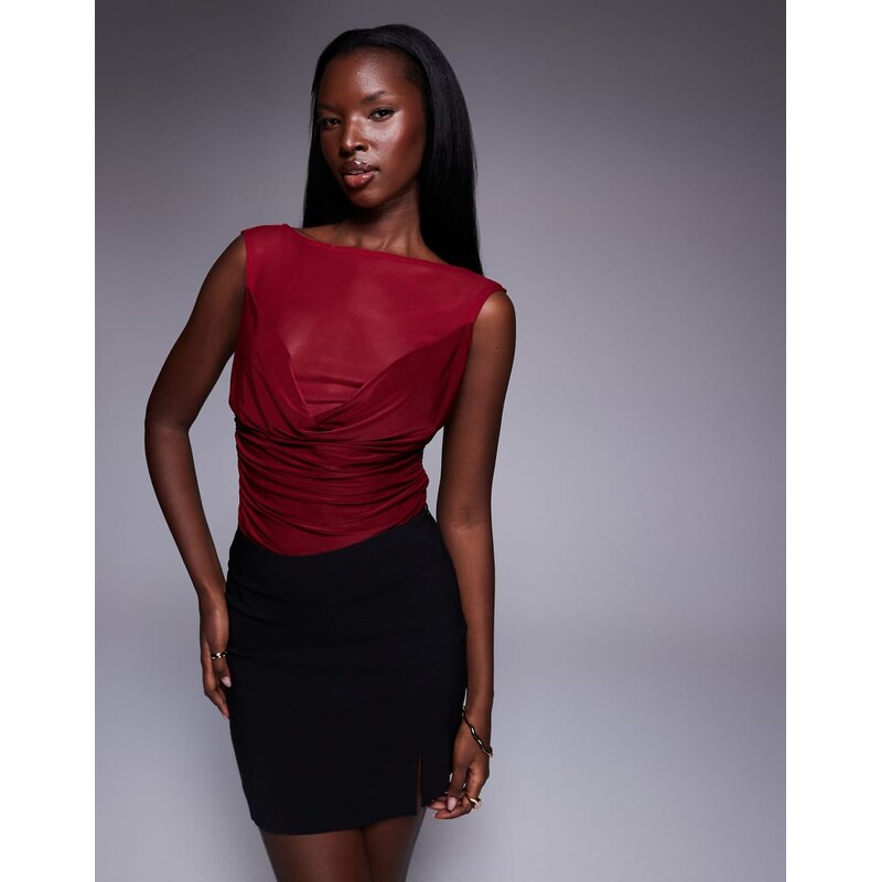 ASOS DESIGN cowl front mesh slinky mix bodysuit in burgundy-Red