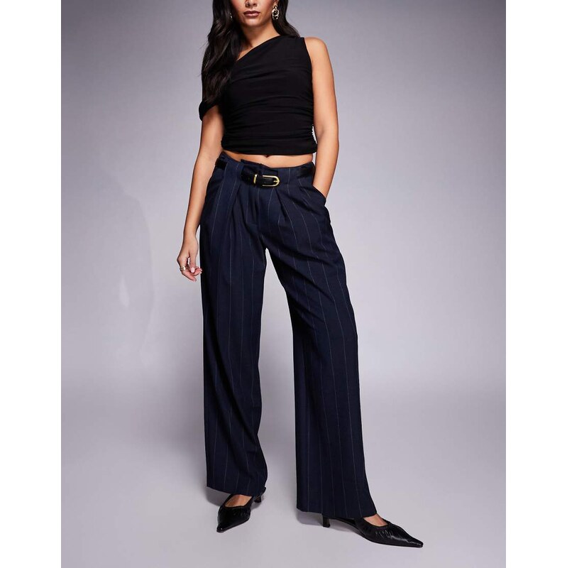 River Island pinstripe low waist belted trousers in navy