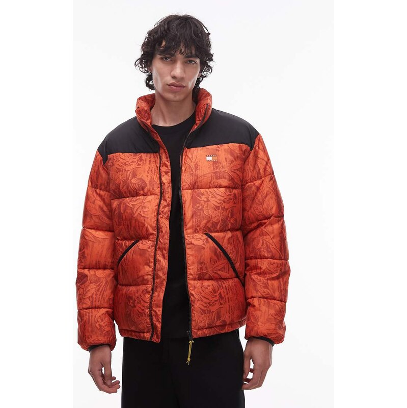 Tommy Jeans leafy all over print puffer jacket in orange