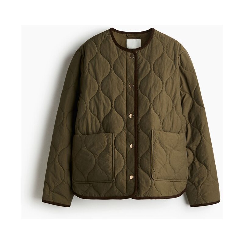 H&M - Prošívaná bunda - Tmavě Zelená Khaki