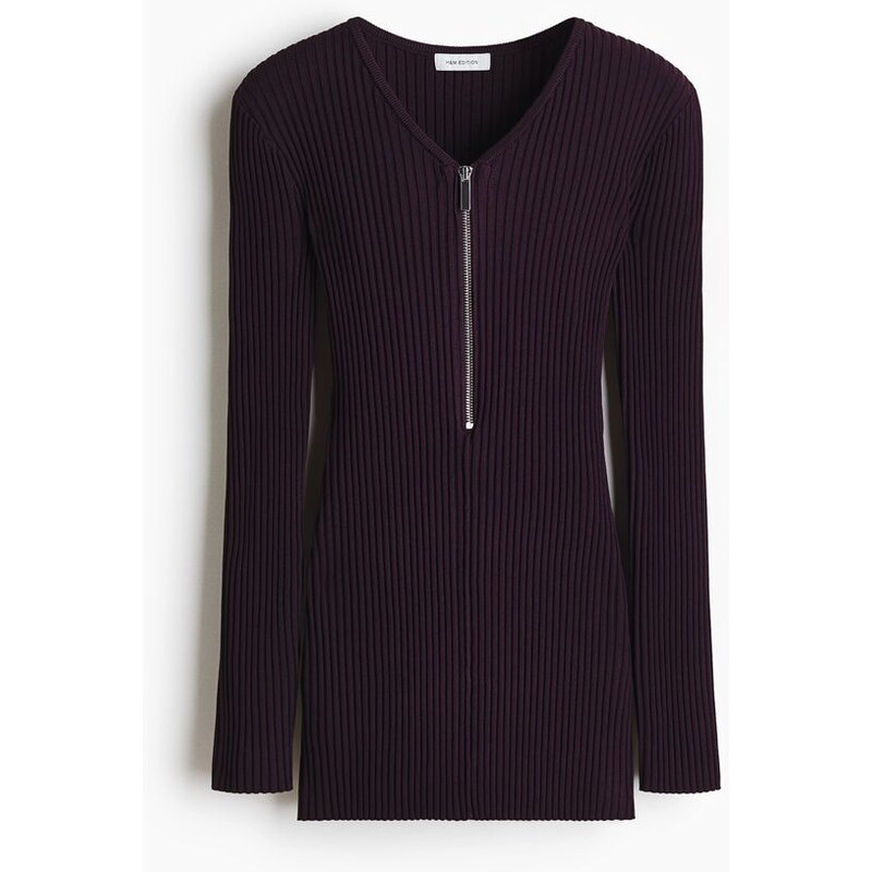 H&M - Žebrovaně pletený tops horním zipem - fialová 109112555