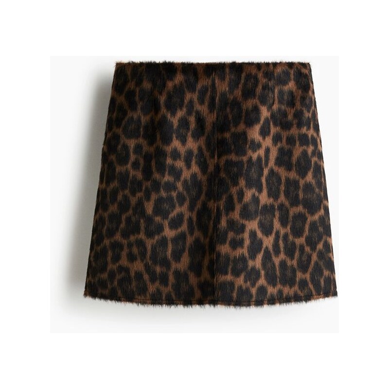 H&M - Chlupatá sukně - Hnědá/Leopardí Potisk
