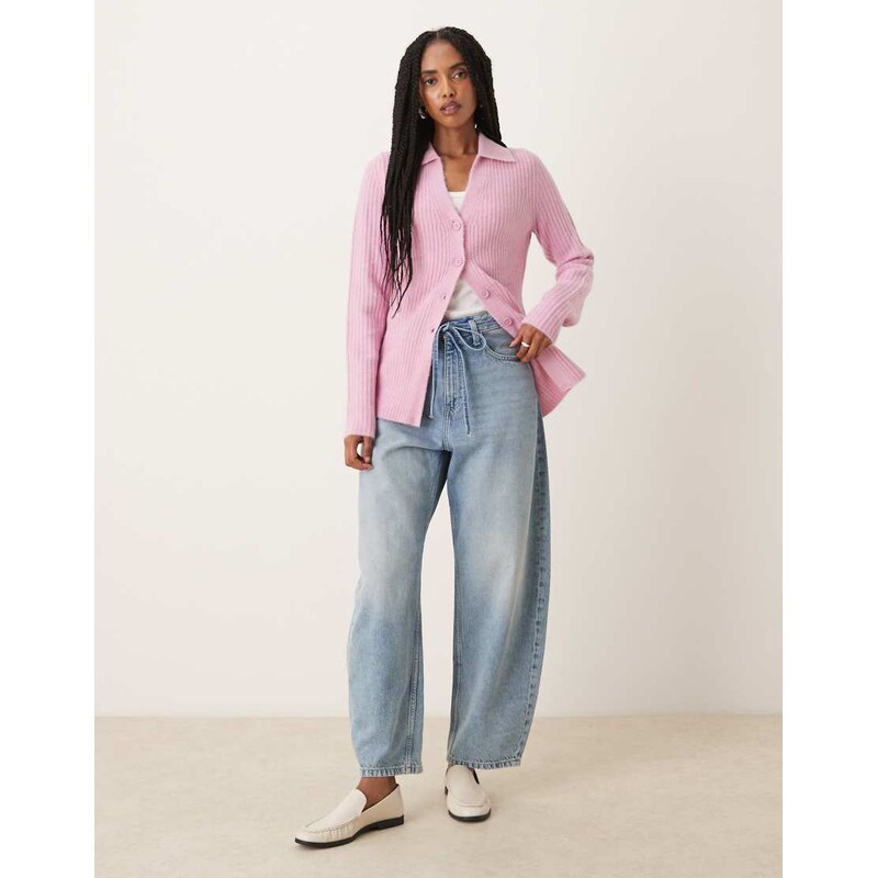ASOS DESIGN knitted longline fitted shirt in pink 107883589