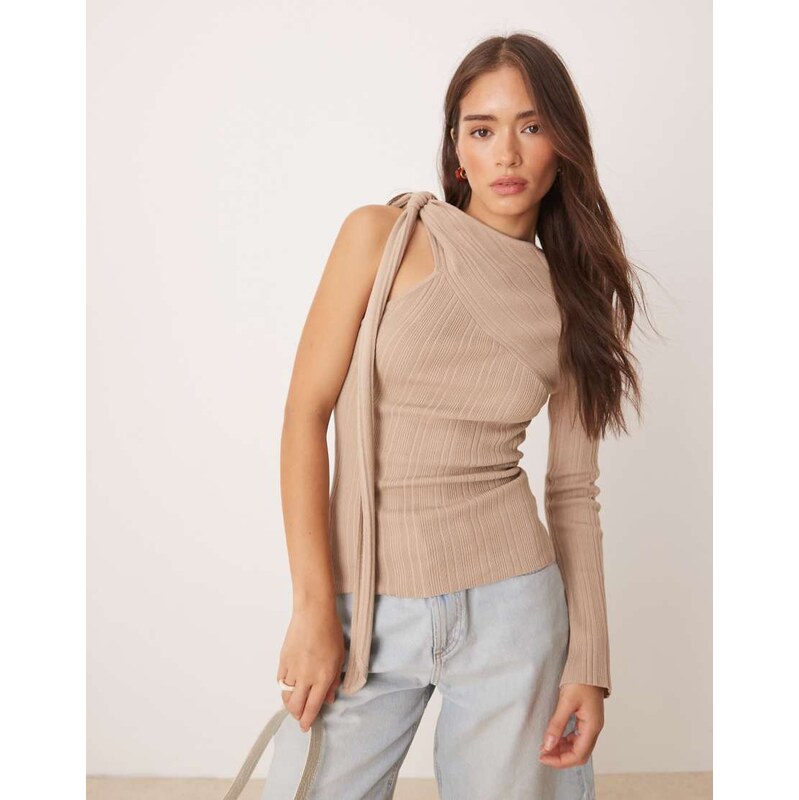 Pretty Lavish asymmetric sparkle knit top in taupe-Pink 109113395