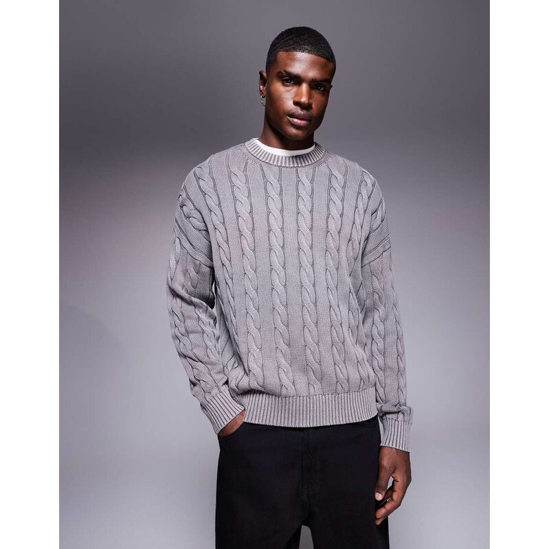 ASOS DESIGN oversized cable knitted jumper in washed grey