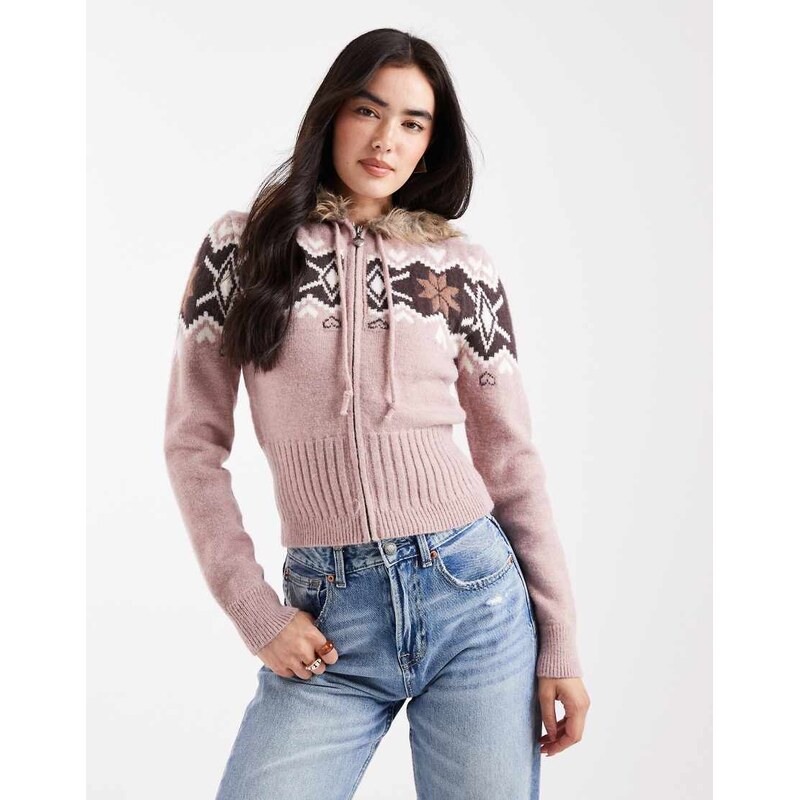 Daisy Street zip up faux fur cardigan in dusky pink 109113460