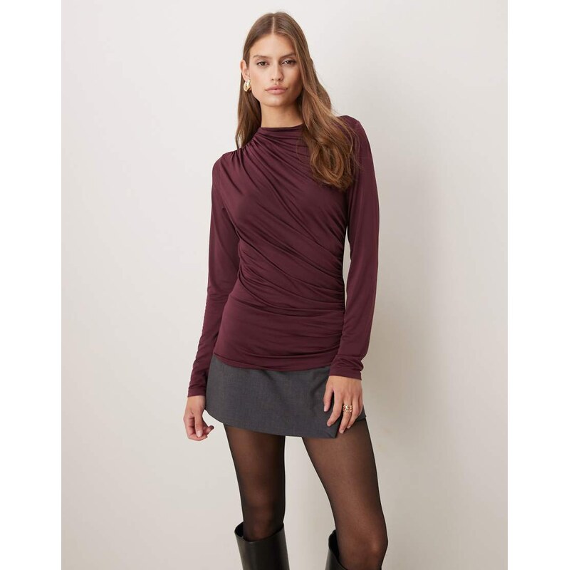 Vila long sleeve high neck ruched top in burgundy-Red 109113472