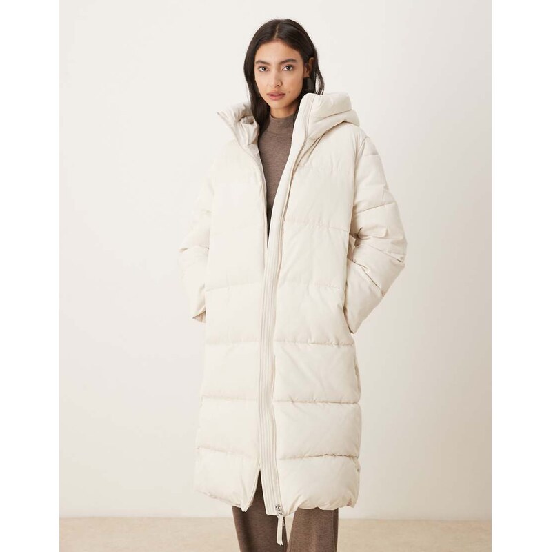 Mango hooded long line puffer jacket in cream-White