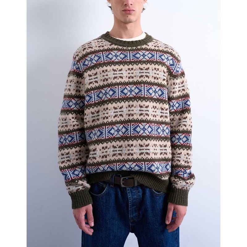 Topman fair isle knit crew neck jumper in khaki-Green
