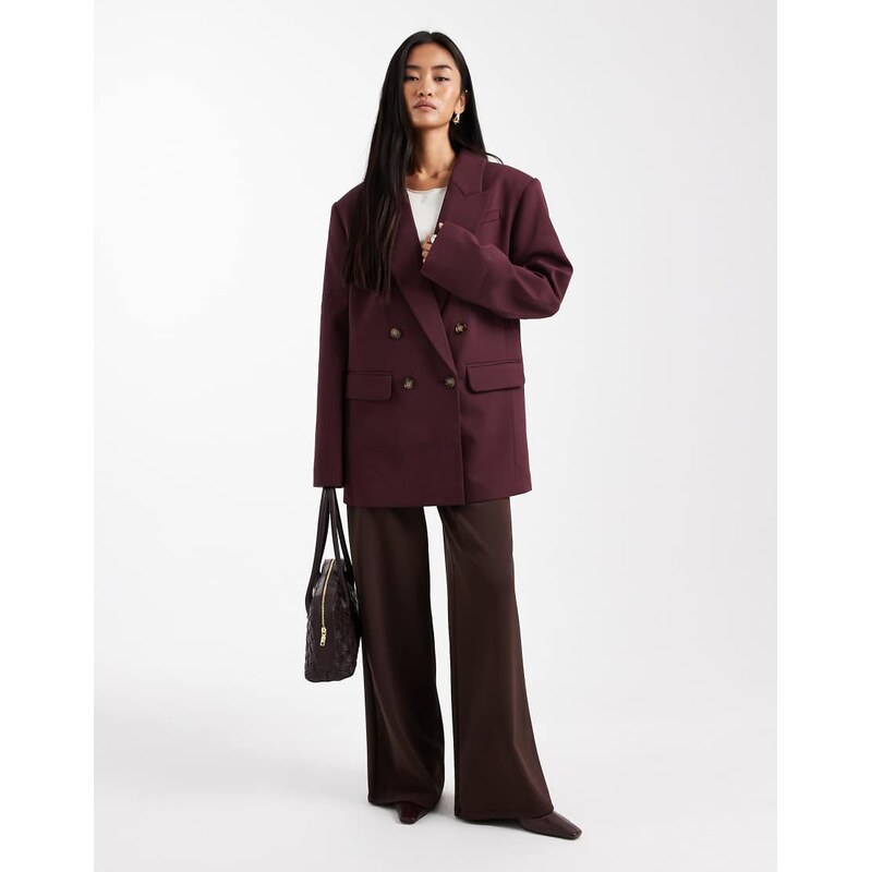 ASOS DESIGN tailored double breasted power shoulder blazer in plum 109125730