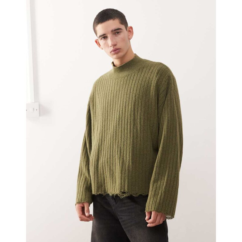 Weekday ribbed turtleneck jumper with distressed hem detail in