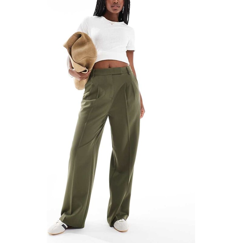 New Look wide leg trousers in dark khaki-Green