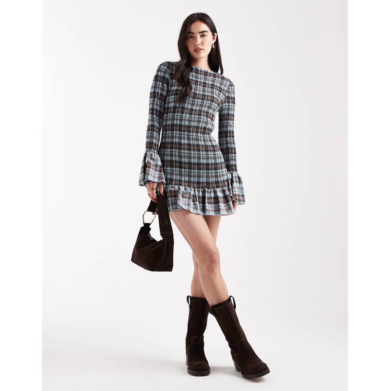 Daisy Street long sleeve shirred mini dress in brown blue check 110827335