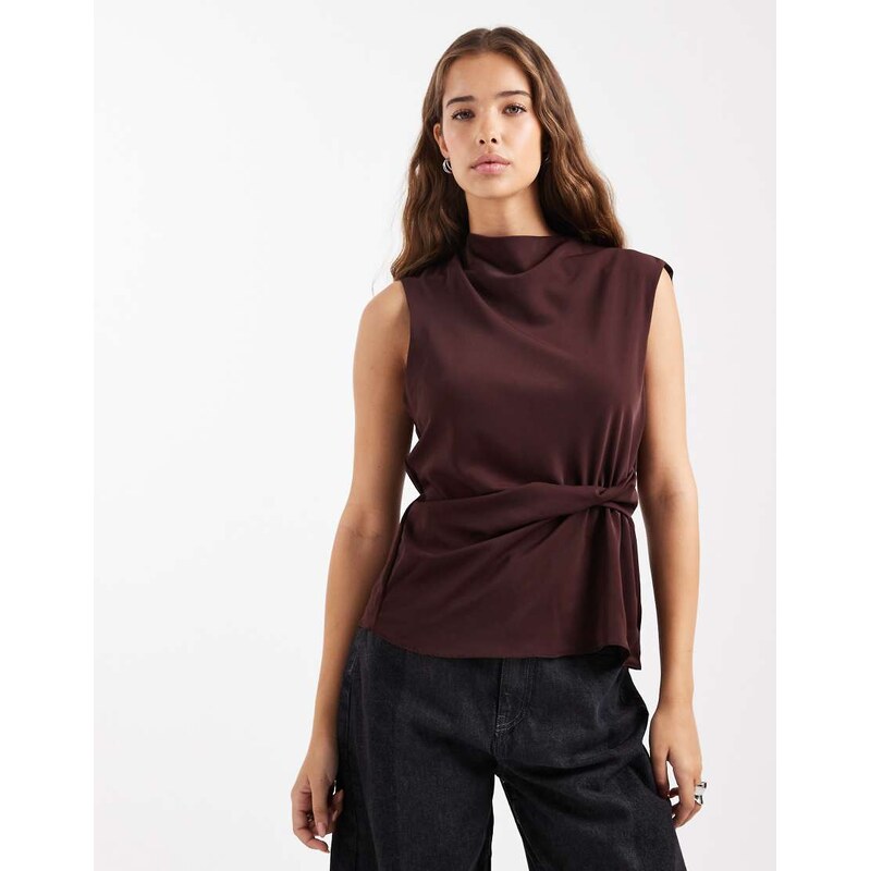 ASOS DESIGN cowl neck sleeveless top with twist waist detail in