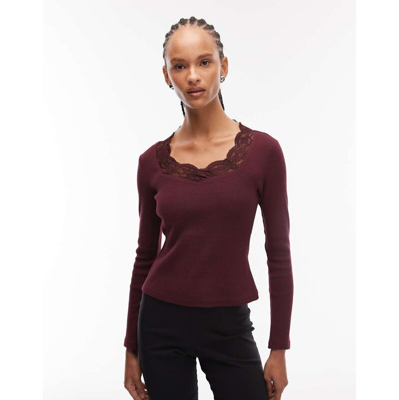 ASOS DESIGN sweetheart lace trim rib long sleeve top in plum-Purple
