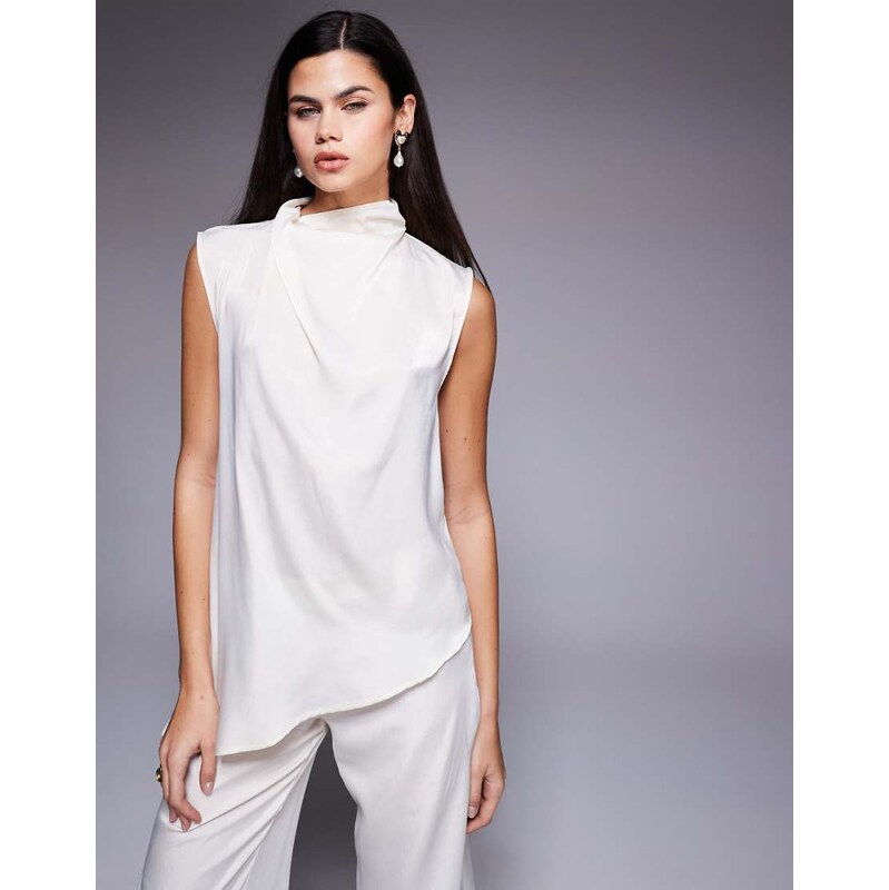 ASOS DESIGN satin drape and scarf detail co-ord top in cream-White 109125913
