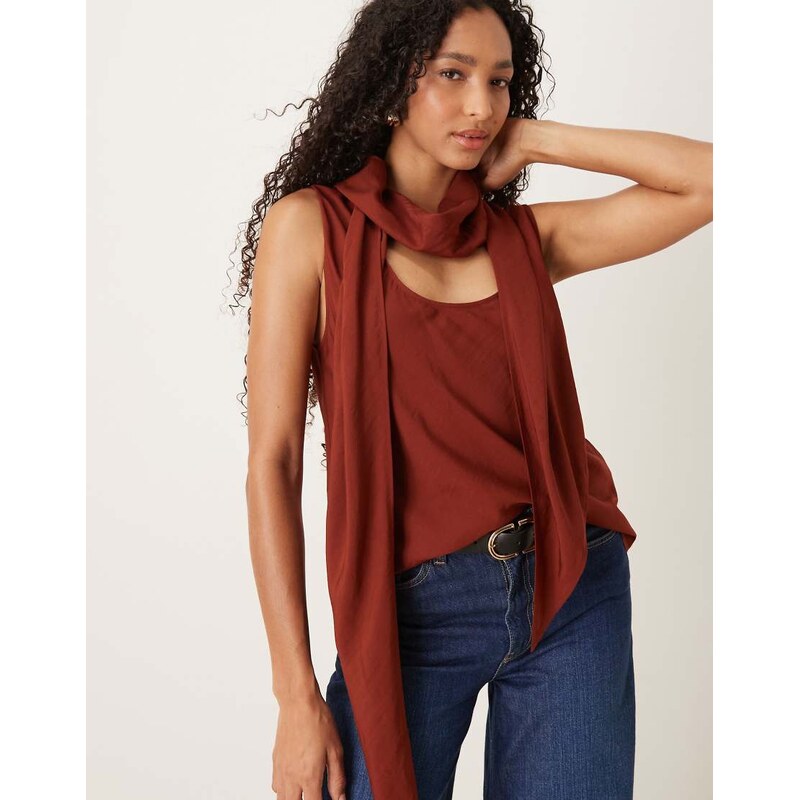Mango neck detail sleeveless top in rust-Brown 109125928