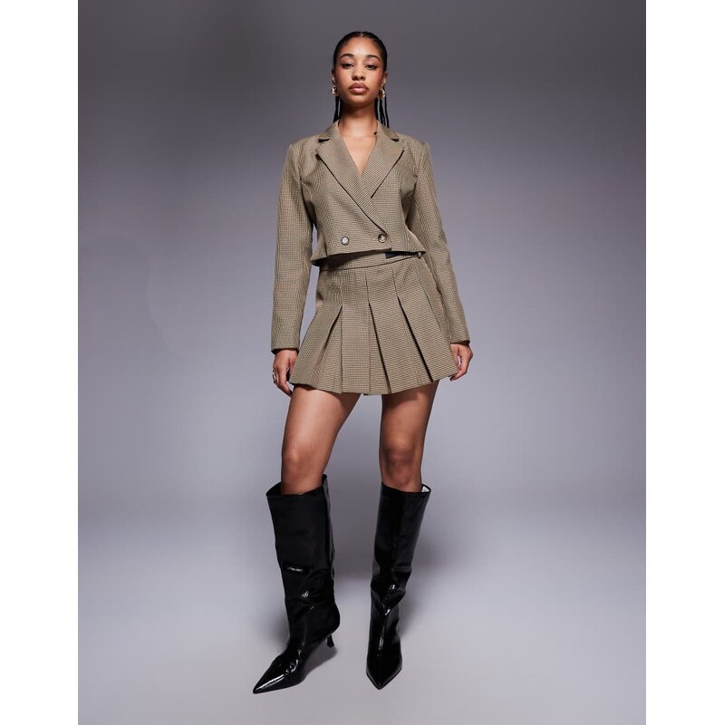 River Island checked cropped blazer in light brown-Black