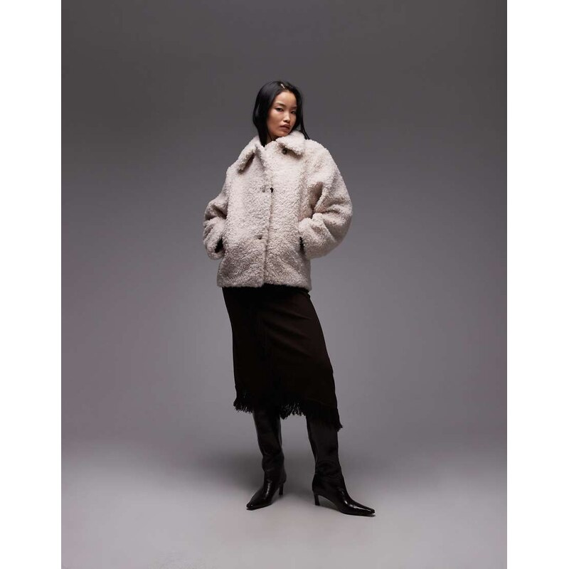 & Other Stories wool rich midi length faux fur jacket in beige-Neutral 110787789