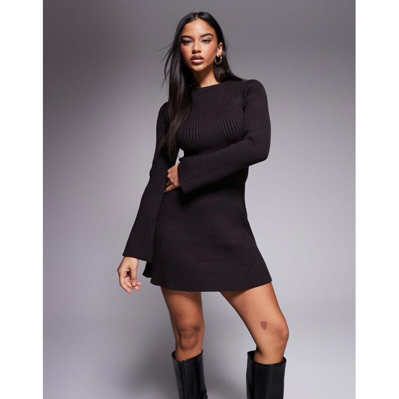 River Island knitted mini dress in dark brown-Black