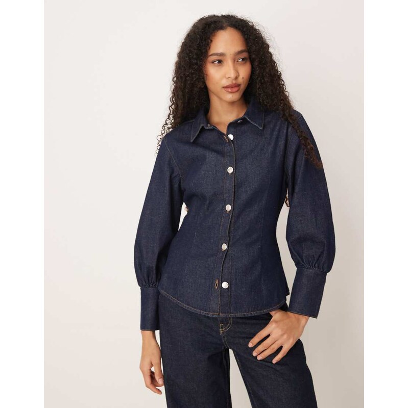 ASOS DESIGN denim puff sleeve collar shirt in indigo-Blue