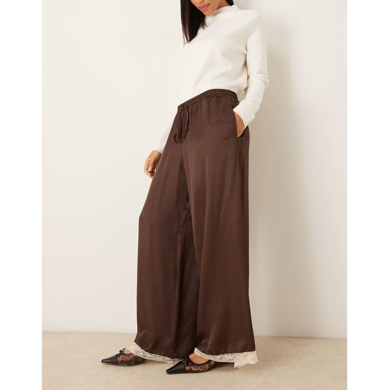 ASOS DESIGN satin wide leg trousers with lace trim in chocolate