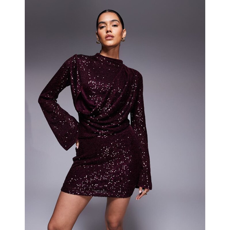 ASOS DESIGN all over sequin long sleeve cowl drape detail mini