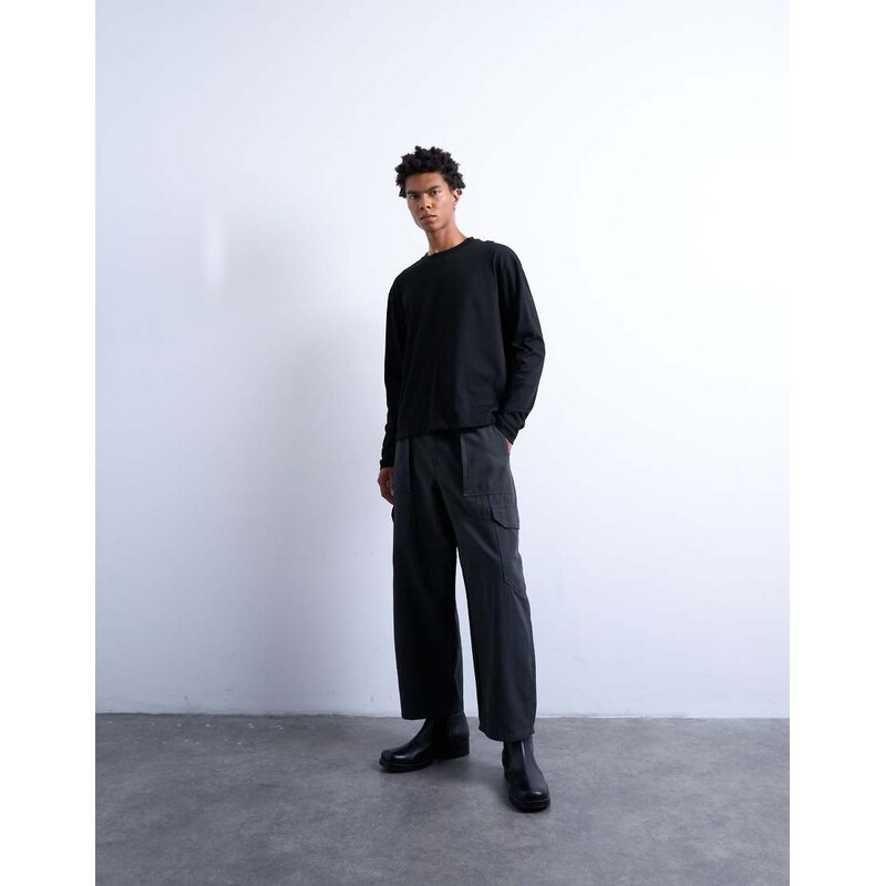 Topman canvas barrel cargo trouser in washed black