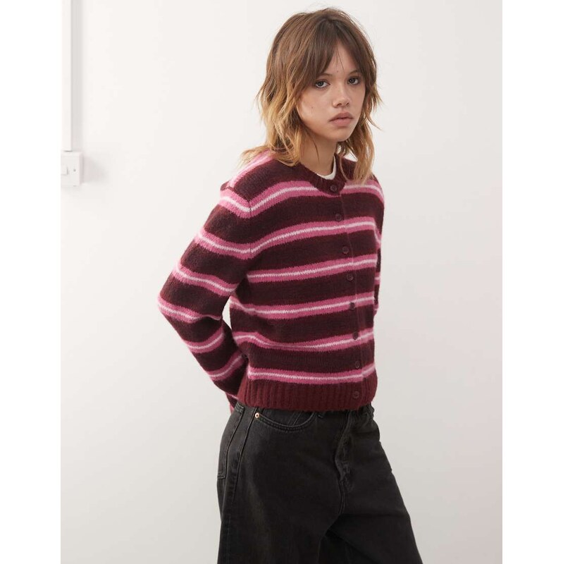 Monki button front cardigan in pink stripe-Multi