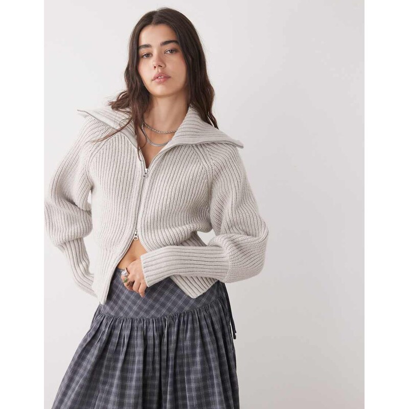 Weekday rib knit zip through cardigan in off-white 109127869