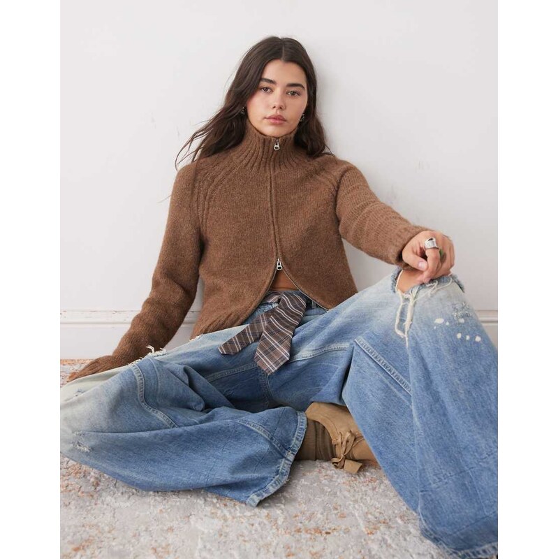 Weekday wool blend hairy knit zip through cardigan in brown melange 112562872