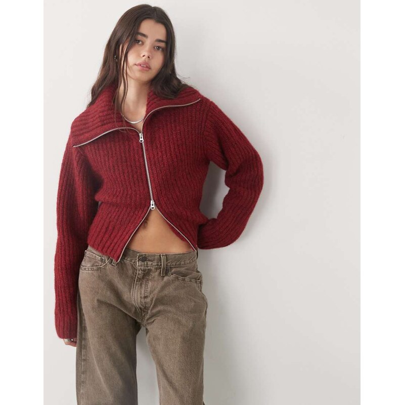 Weekday chunky rib hem zip up cardigan in burgundy melange-Red 109337006