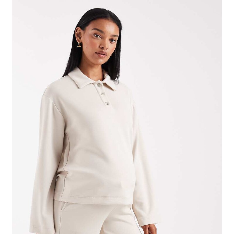 Vero Moda Maternity super soft polo top co-ord in cream-White