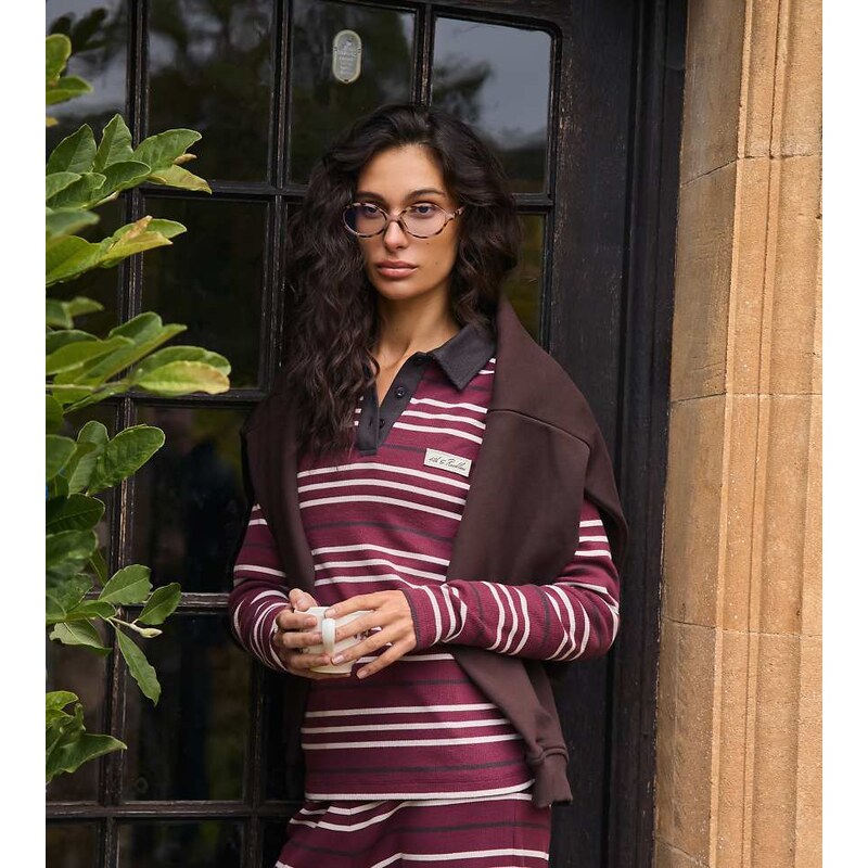 4th & Reckless collared long sleeve top co-ord in white & burgundy 113263083