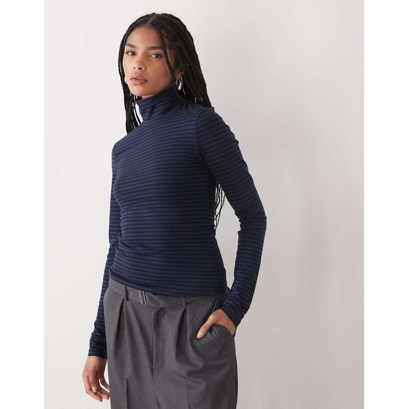 Weekday slim fit turtleneck long sleeve t-shirt in navy & black stripe 109127932