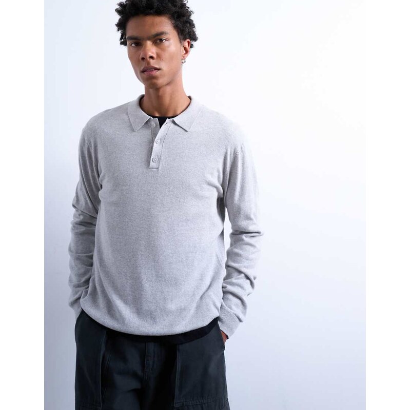 Topman essential knitted button polo in light grey
