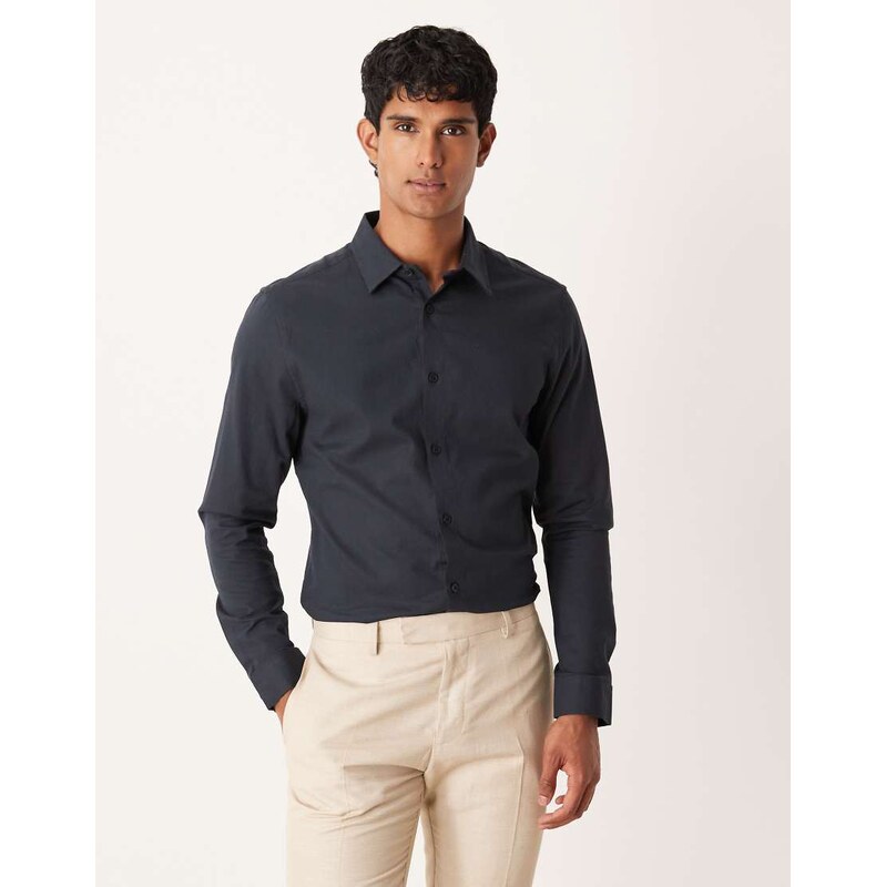 ASOS DESIGN easy iron royal oxford slim shirt in black