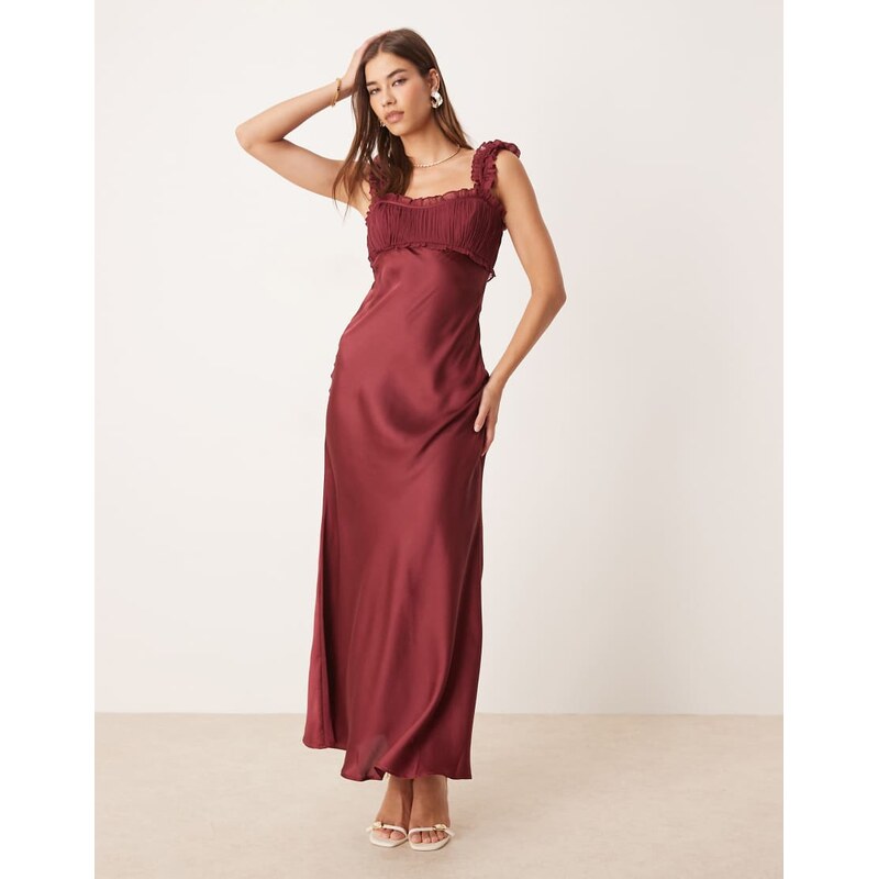 ASOS DESIGN ruched bust chiffon midi dress in deep cherry-Multi