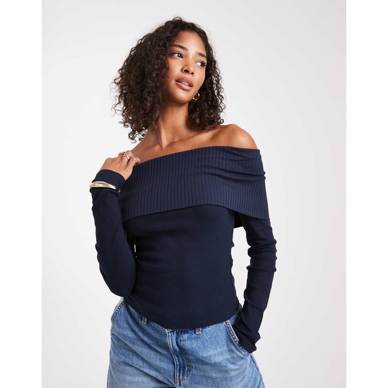 Miss Selfridge mixed rib bardot top in navy 113262188