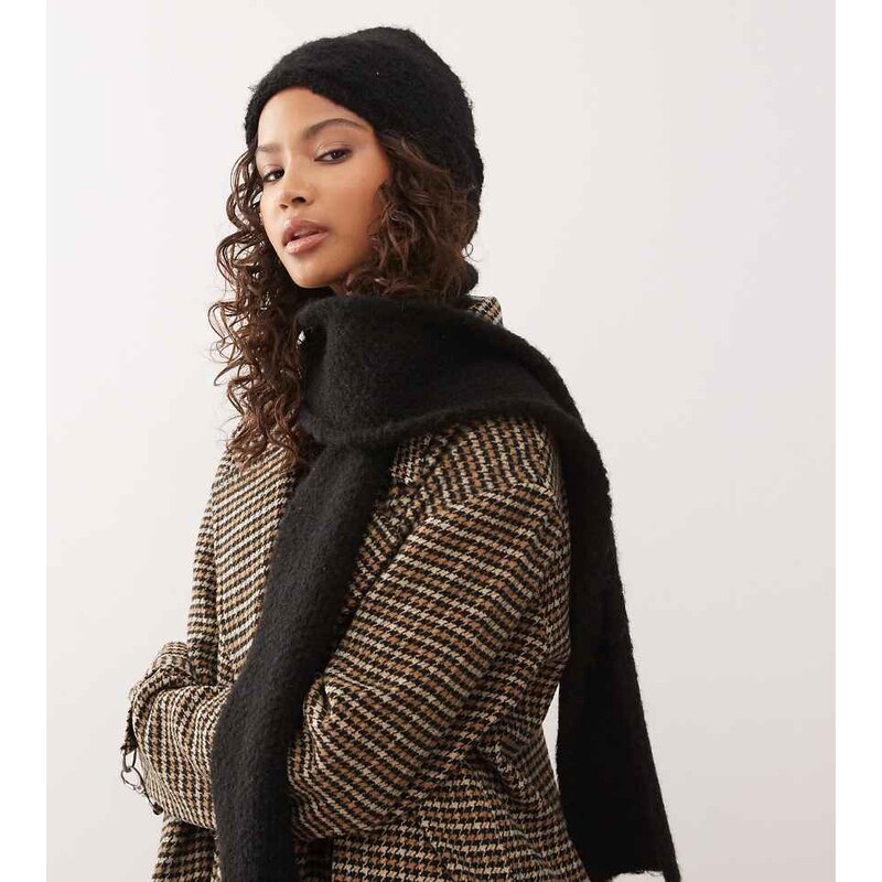 COLLUSION knitted 2 in 1 head scarf hat and hood in black-Brown
