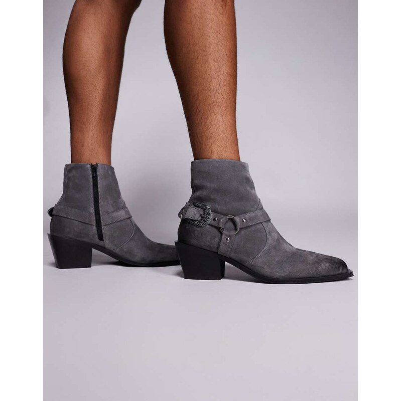 ASOS DESIGN chelsea boots in grey suede with buckle and cuban