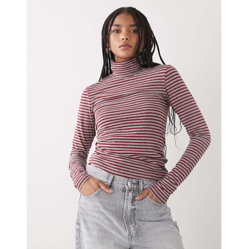 Weekday slim fit turtleneck long sleeve t-shirt in red & grey stripe 109138127