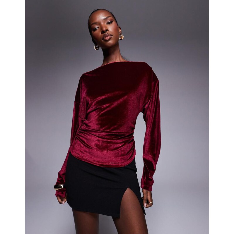 ASOS DESIGN cinched off shoulder asymmetric velvet top in burgundy-Red