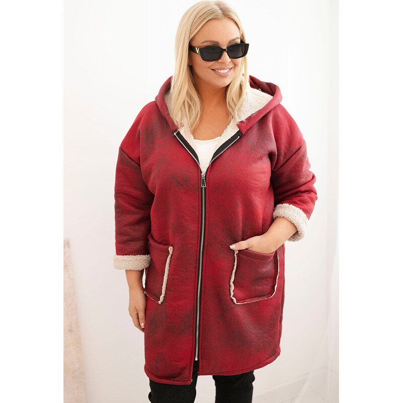 Kesi Vínový dámský Plus Size beránkový kabát s kapucí a kapsami Vínová 109128557