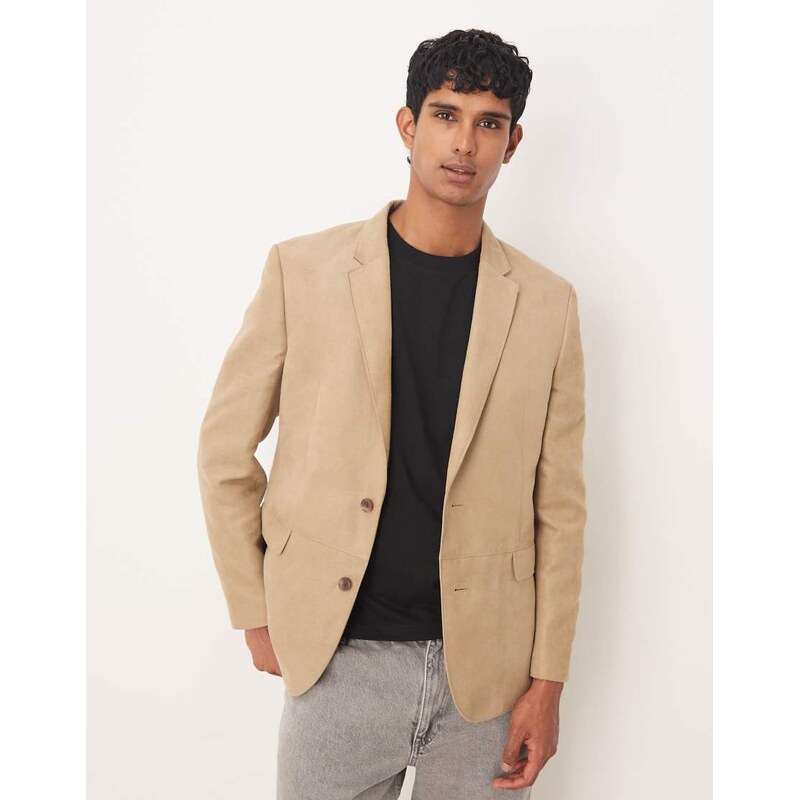 ASOS DESIGN regular blazer in camel faux suede-Neutral