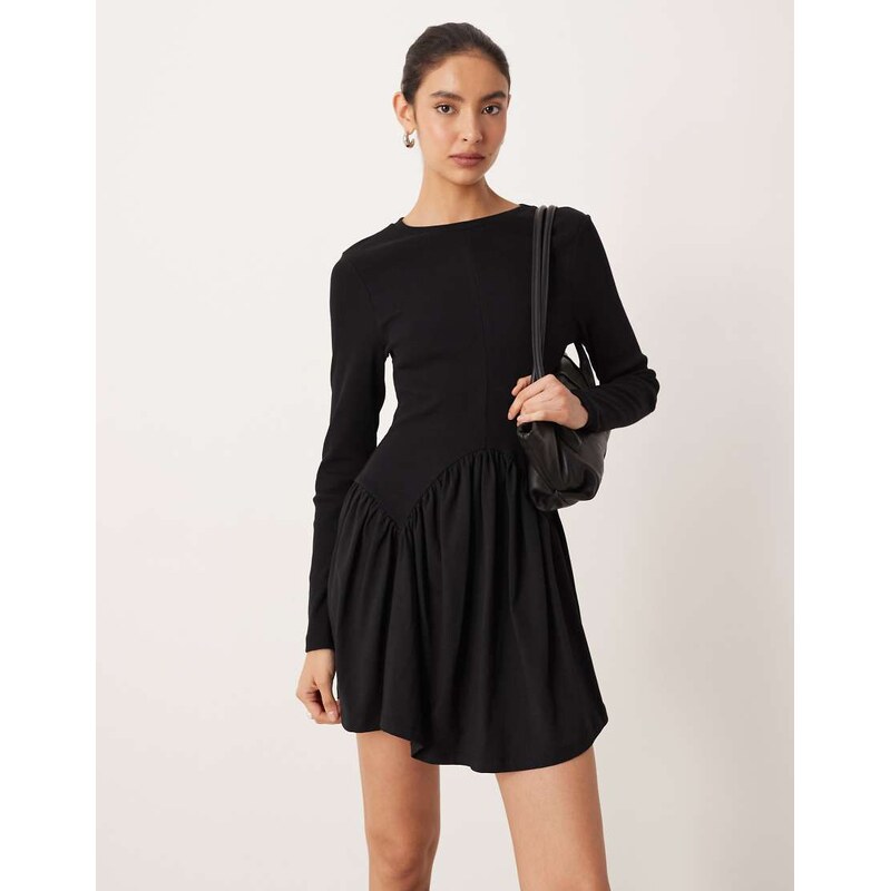 ASOS DESIGN long sleeve scoop dipped hem mini dress in black