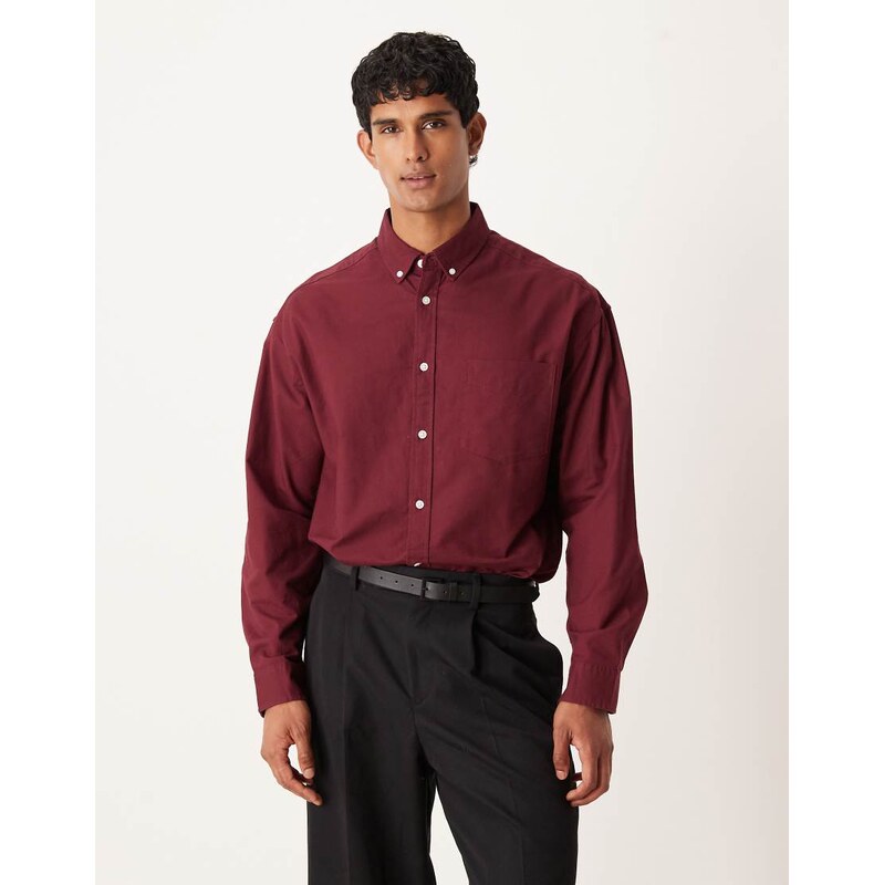 ASOS DESIGN 90s oversized oxford shirt in burgundy-Red