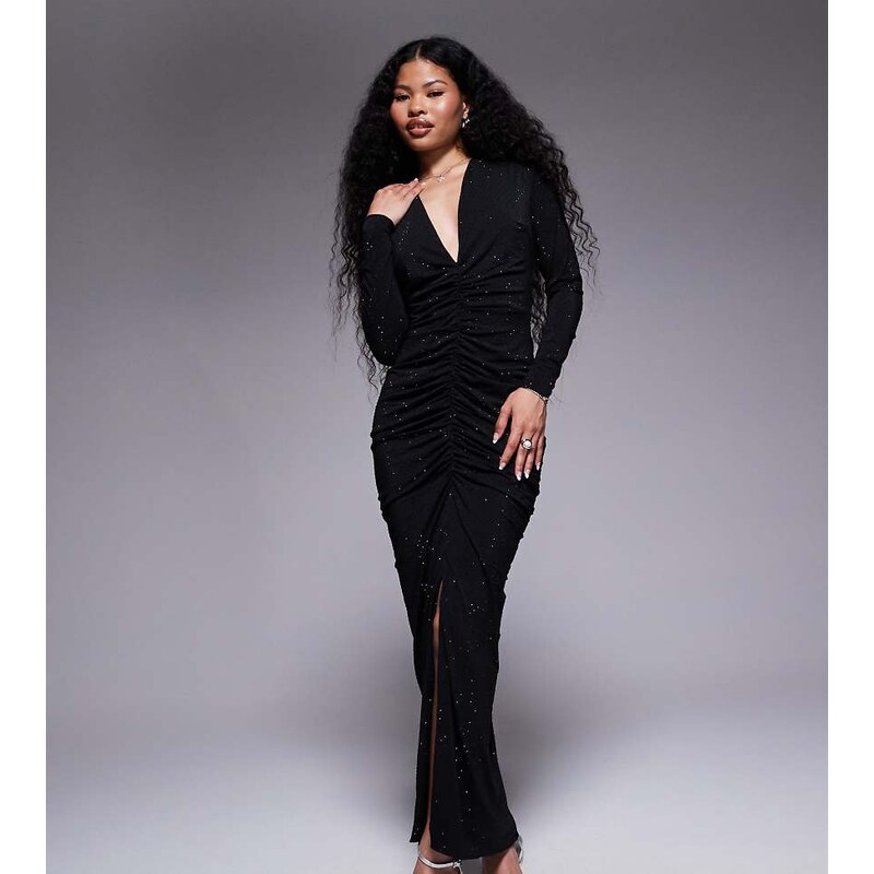 TFNC Petite long sleeve plunge neck embelished maxi dress in
