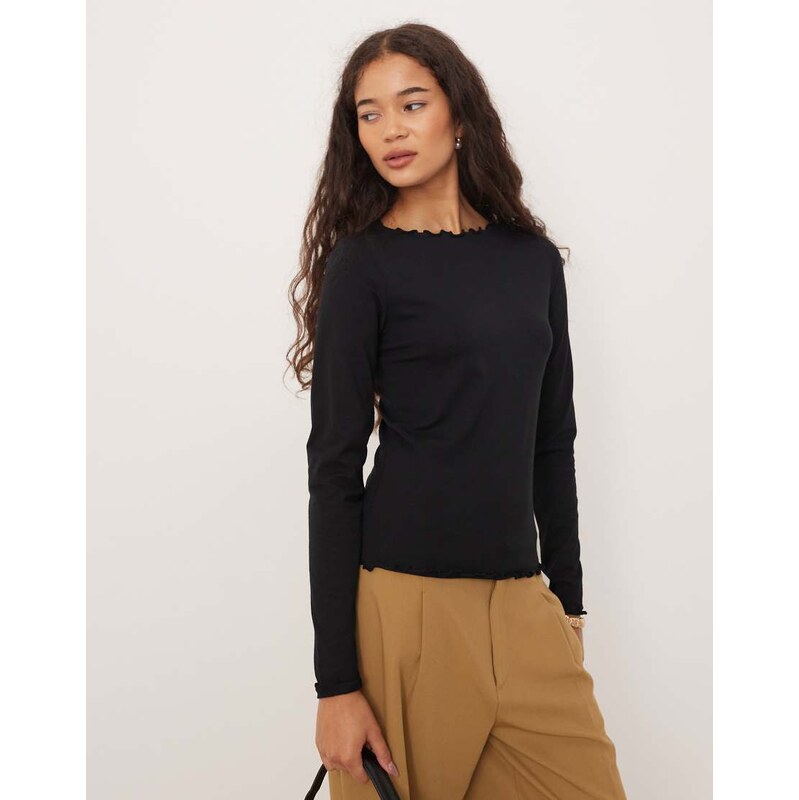 JJXX lettuce hem long sleeve top in black 109137959